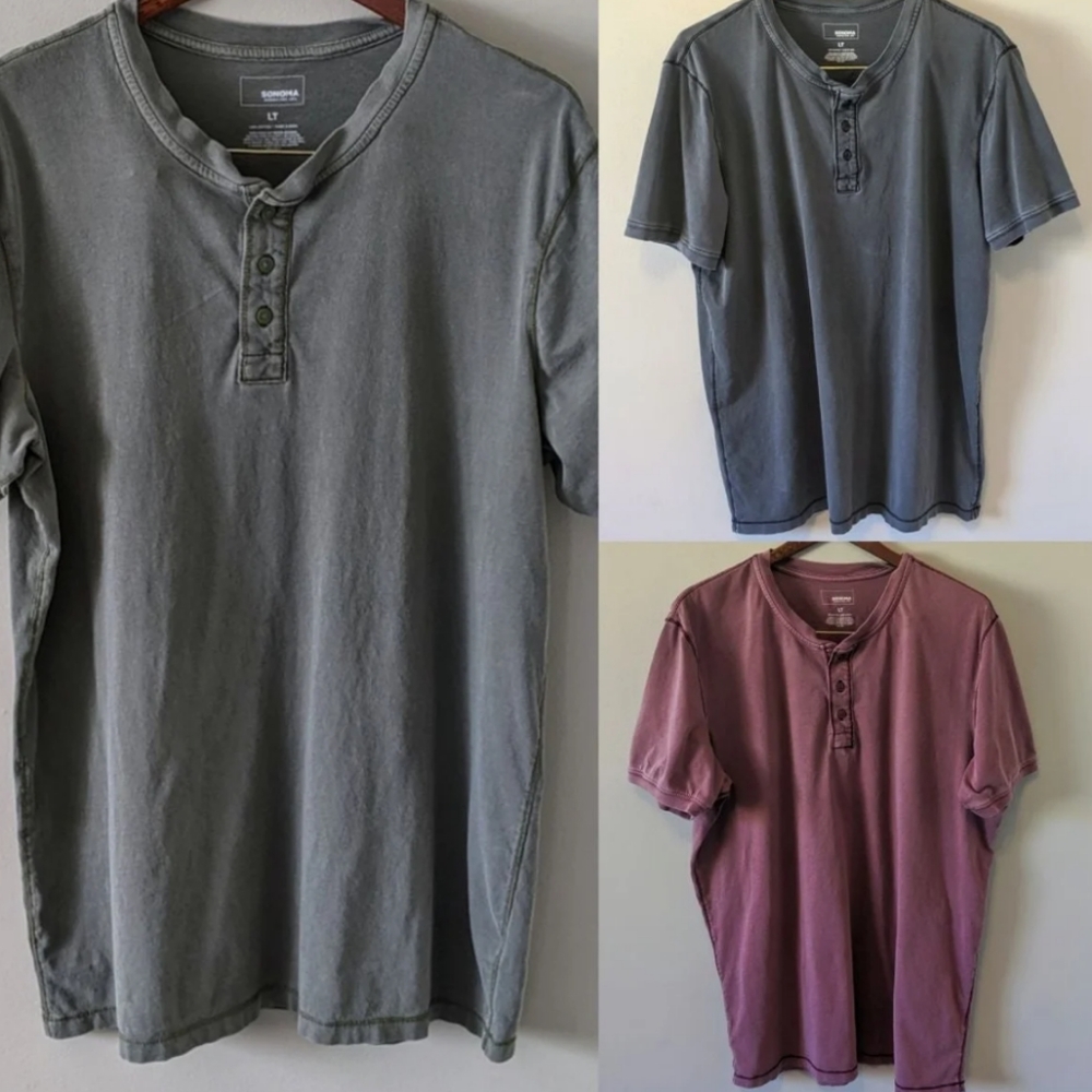 3 SONOMA : Button Henley Short Sleeve T Shirts